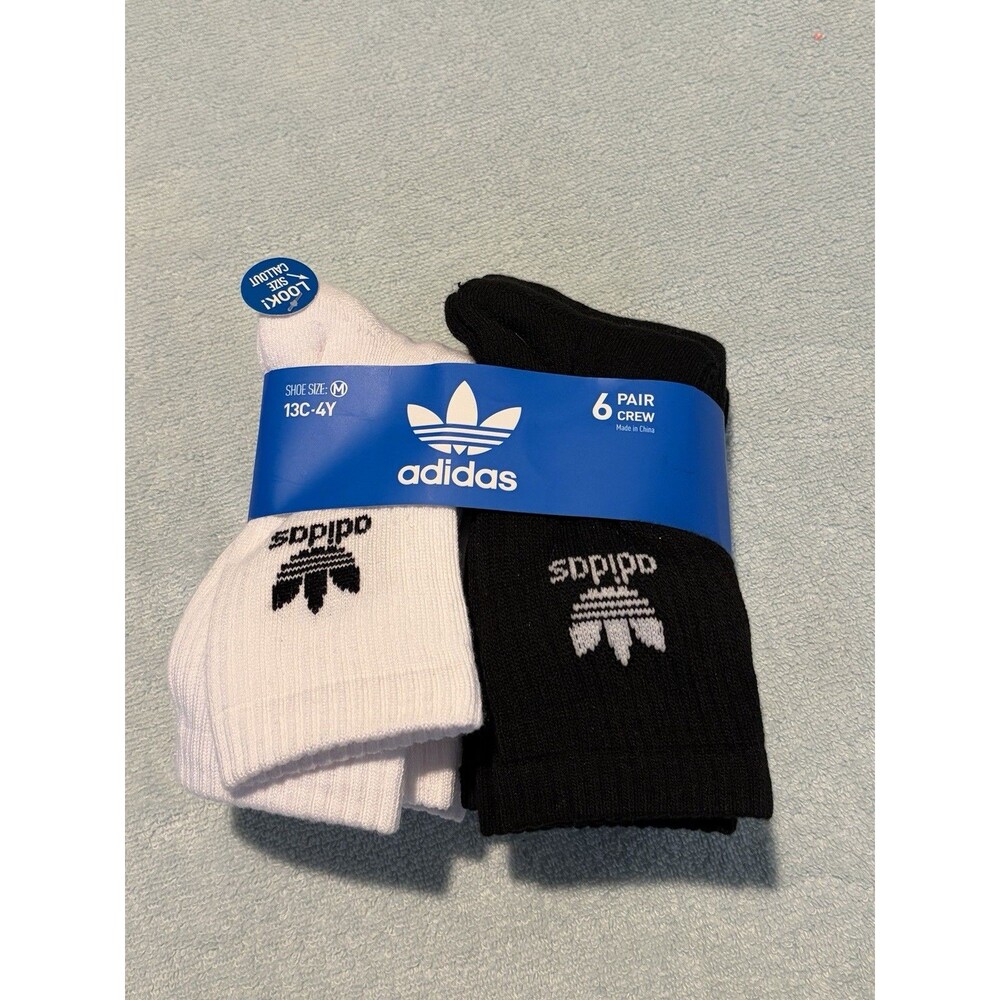 Adidas Kids 6 Pair Crew Socks Black White Trefoil Logo Shoe Size 13C-4Y New